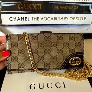 Gucci Brown Monogram Clutch with Gold Chain